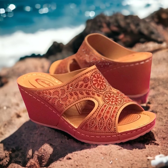 Italina Brown Floral Rhinestone Peep Toe Wedge Padded Slide Comfort Sandals 10 - Picture 15 of 15